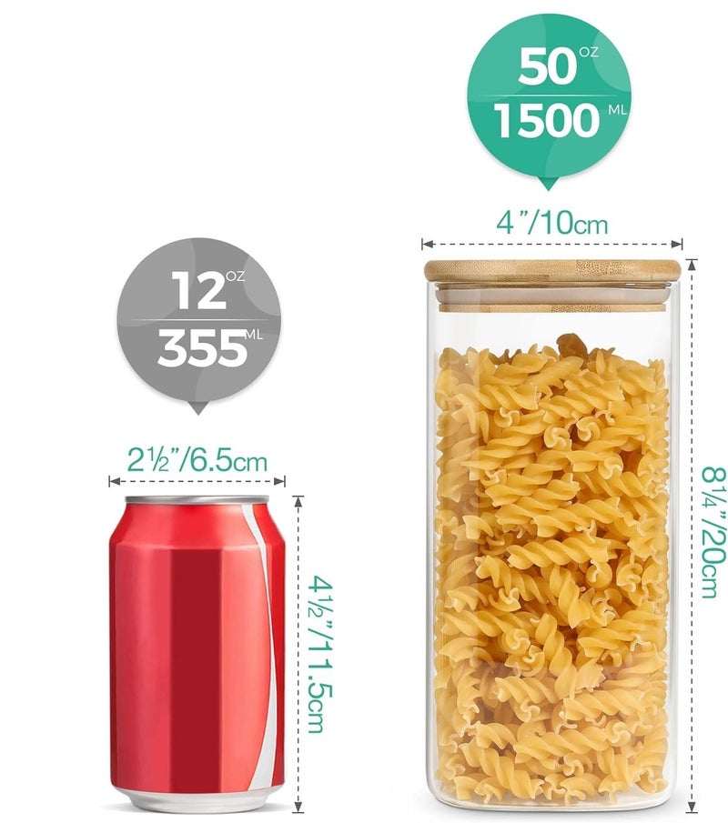 SILIVO Airtight Glass Storage Canister with Wooden Lid | Square Containers for Kitchen Storage, Bamboo Lids for Nuts, Coffee Beans, Flour, Rice, Sugar, Tea | 1500ml (Set of 3), Clear - Image 4