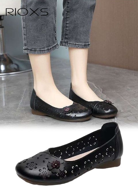 Women's Ballet Flats, Breathable Soft Round Toe Dress Shoes, Comfortable Dressy Flats with Flower Eyelets for Ladies, Fashionable Soild Color Slip On Flats, Casual Mary Jane for Work/ Travel/ Daily Wear- Black