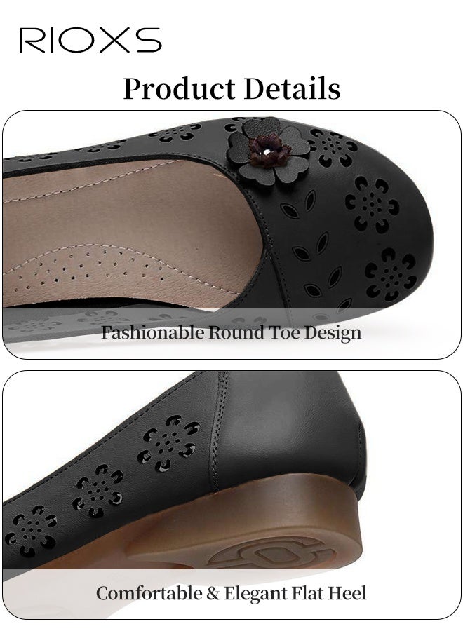 Women's Ballet Flats, Breathable Soft Round Toe Dress Shoes, Comfortable Dressy Flats with Flower Eyelets for Ladies, Fashionable Soild Color Slip On Flats, Casual Mary Jane for Work/ Travel/ Daily Wear- Black