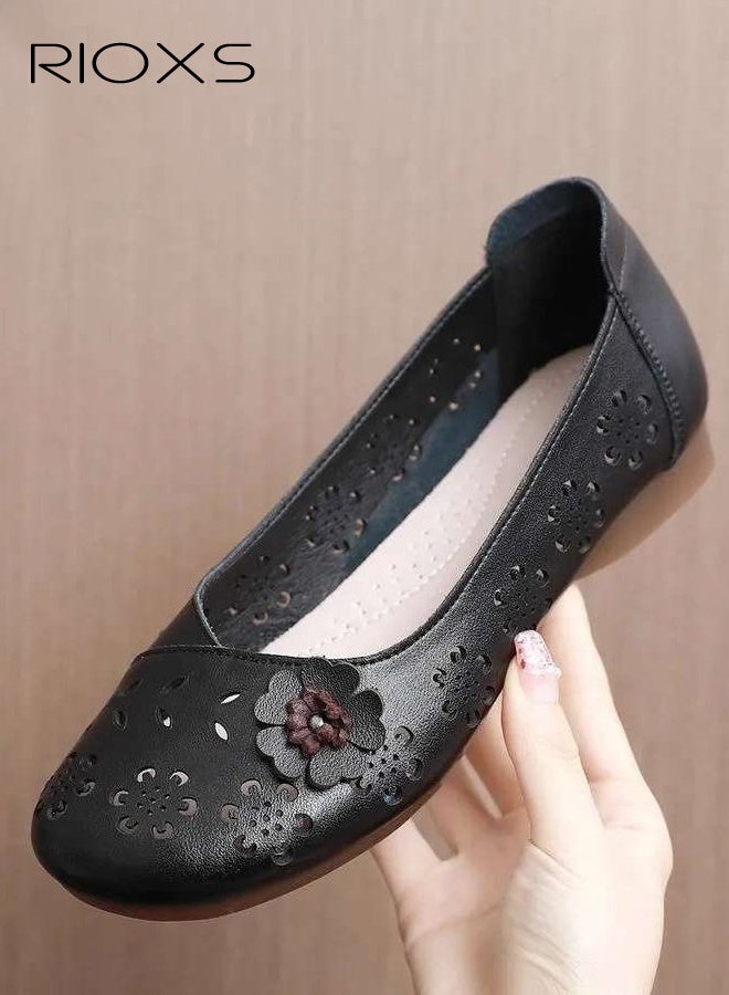Women's Ballet Flats, Breathable Soft Round Toe Dress Shoes, Comfortable Dressy Flats with Flower Eyelets for Ladies, Fashionable Soild Color Slip On Flats, Casual Mary Jane for Work/ Travel/ Daily Wear- Black