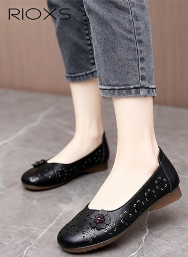Women's Ballet Flats, Breathable Soft Round Toe Dress Shoes, Comfortable Dressy Flats with Flower Eyelets for Ladies, Fashionable Soild Color Slip On Flats, Casual Mary Jane for Work/ Travel/ Daily Wear- Black