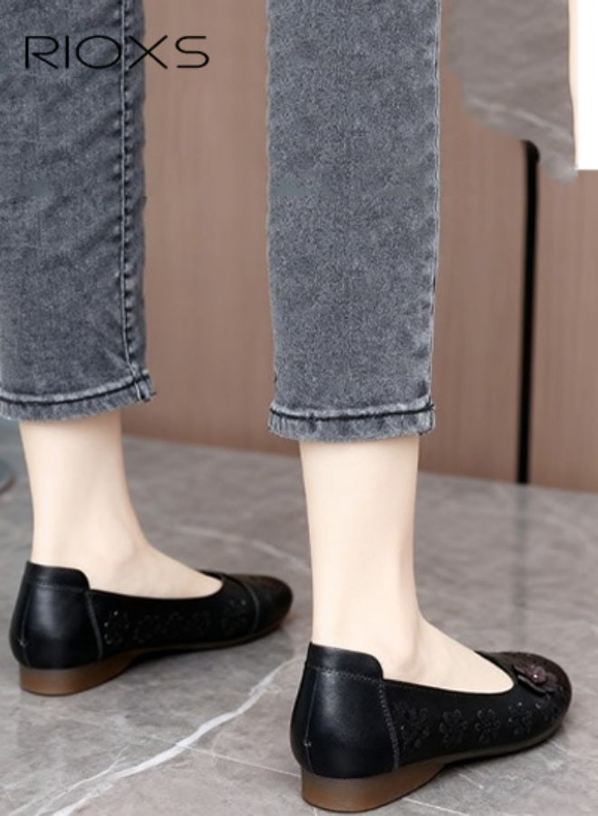 Women's Ballet Flats, Breathable Soft Round Toe Dress Shoes, Comfortable Dressy Flats with Flower Eyelets for Ladies, Fashionable Soild Color Slip On Flats, Casual Mary Jane for Work/ Travel/ Daily Wear- Black