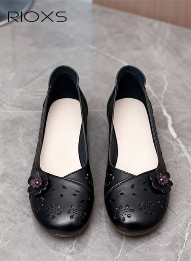 Women's Ballet Flats, Breathable Soft Round Toe Dress Shoes, Comfortable Dressy Flats with Flower Eyelets for Ladies, Fashionable Soild Color Slip On Flats, Casual Mary Jane for Work/ Travel/ Daily Wear- Black