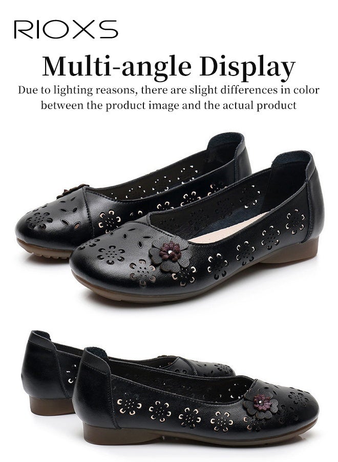 ريوكس أحذية راحة للنساء، شقق باليه قابلة للتنفس للنساء، أحذية فستان كلاسيكية مستديره للقدم، شقق دريسي مريحة مع أنوار الزهور للسيدات، زلاقات ملونة تربة للأزياء على الشقق، ماري جين غير الرسمية للسفر للعمل والزي اليومي، التمساح الناعم للأم، الأحذية السوداء المسطحة - Image 3
