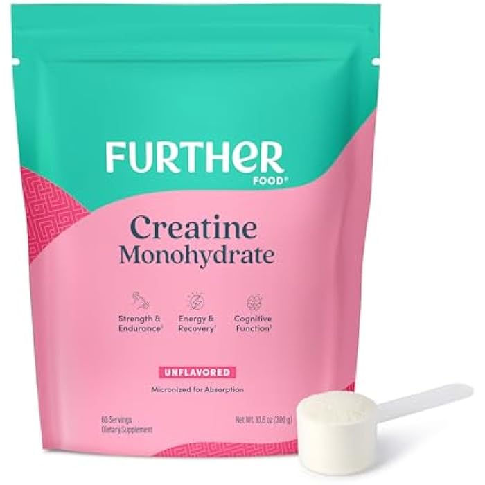 Further Food مسحوق كرياتين مونوهيدرات غير المنكه من فيرثر فود، 100% نقي، مجهر، خالي من السكر، يدعم القوة والطاقة واستعادة العضلات، 60 حصة، 10.6 أونصة - Image 1