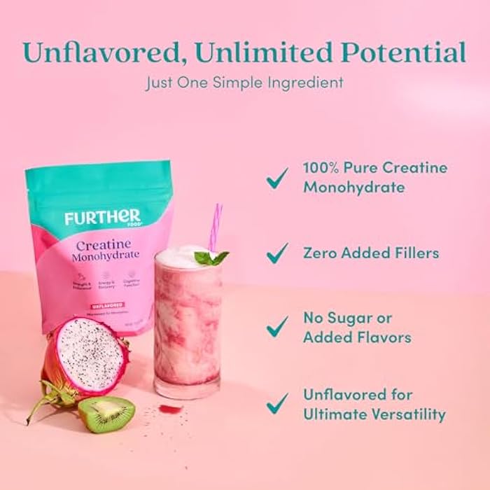 Further Food مسحوق كرياتين مونوهيدرات غير المنكه من فيرثر فود، 100% نقي، مجهر، خالي من السكر، يدعم القوة والطاقة واستعادة العضلات، 60 حصة، 10.6 أونصة - Image 4