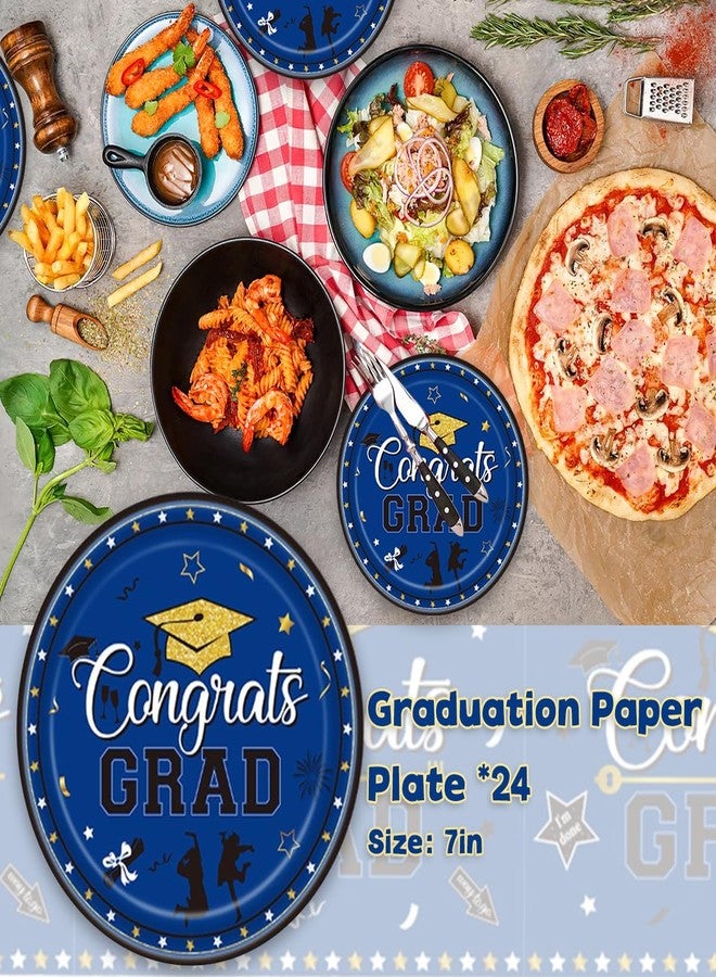 BASEMMAHER Graduation Party Plates Blue Congrats Grad Disposable Paper Plates Party Supplies Dinnerware Set Dessert Dinner Tableware 2025 Decorations for College High School Grad Party Serve 24 - Image 2