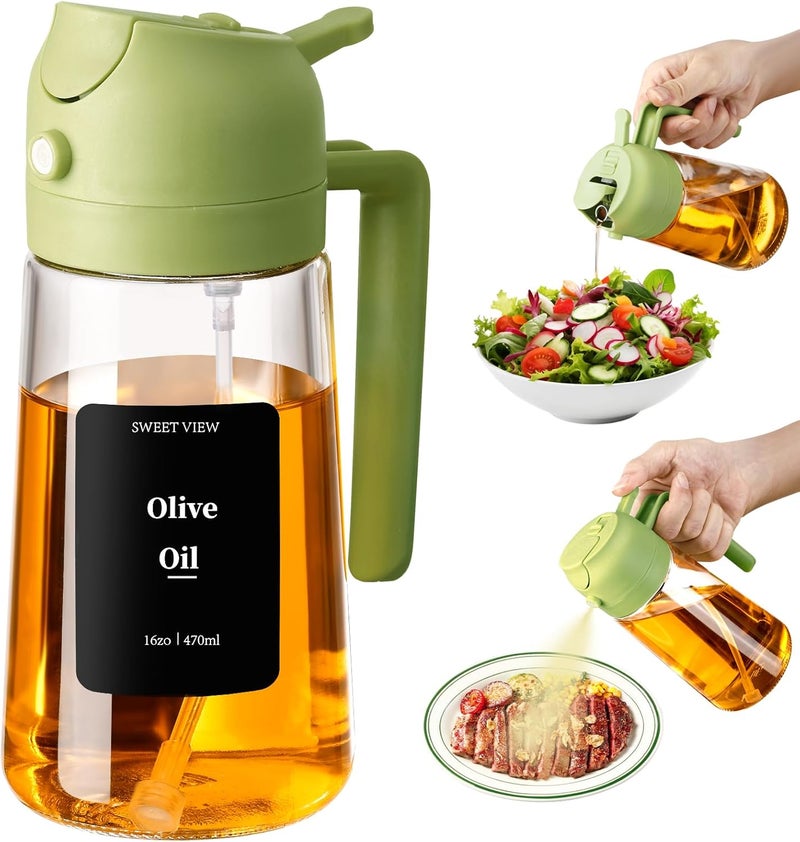 SWEET VIEW 16oz/470ml Oil Dispenser and Oil Sprayer, Glass Olive Oil Pourer for Kitchen, Air Fryer, Cooking, Salad, BBQ(Green) - Image 1