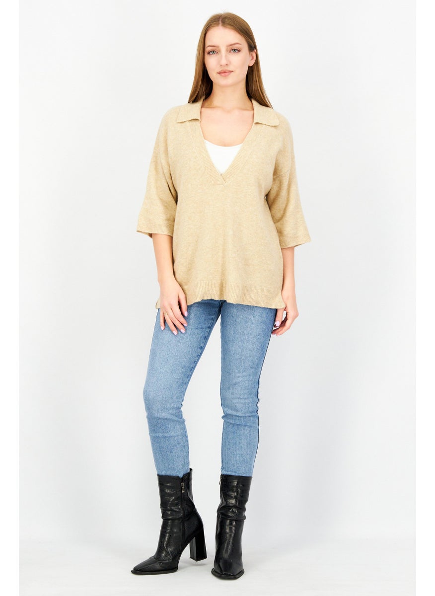 ESPRIT Women Spread Neck Short Sleeve Knitted Sweater, Tan  - Image 4