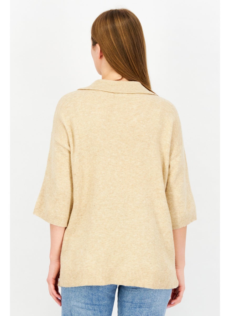 ESPRIT Women Spread Neck Short Sleeve Knitted Sweater, Tan  - Image 2