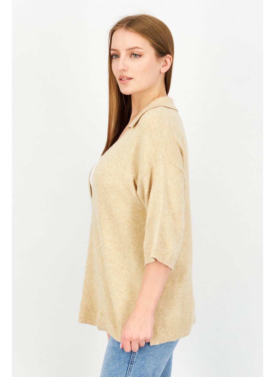 ESPRIT Women Spread Neck Short Sleeve Knitted Sweater, Tan  - Image 3
