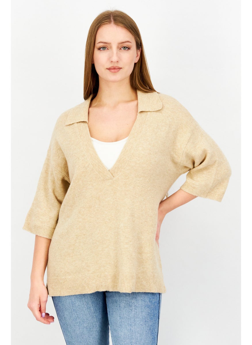 ESPRIT Women Spread Neck Short Sleeve Knitted Sweater, Tan  - Image 1