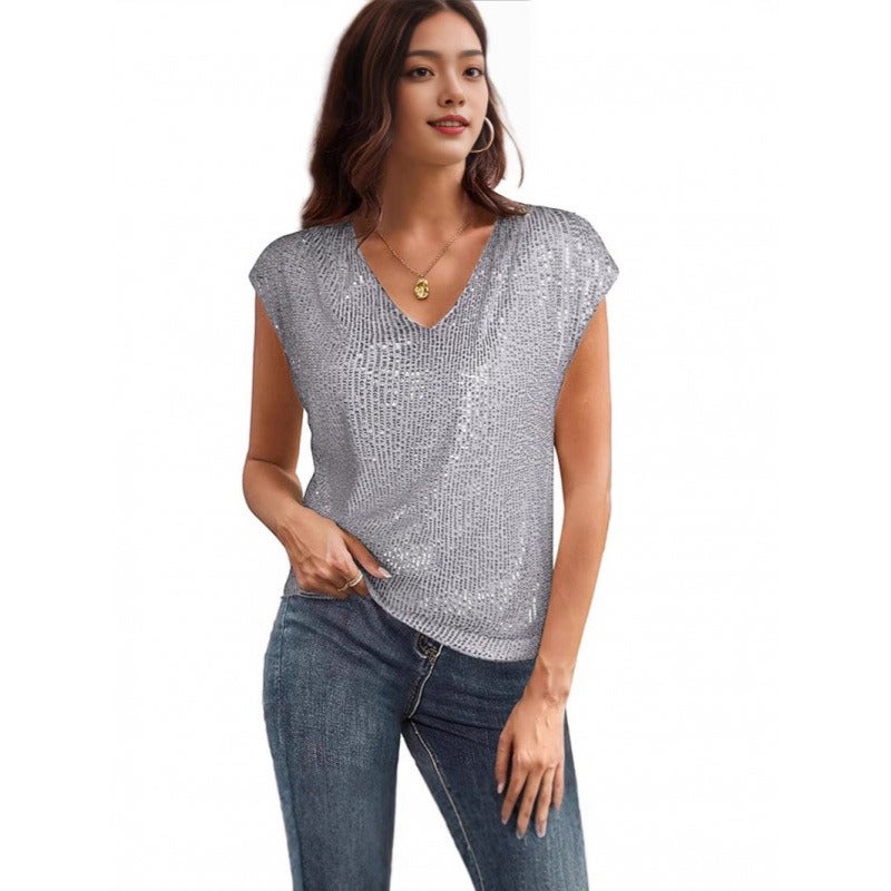 Jin Yun Women's Sequin V-Neck Short Sleeve Shimmer Party Top - Elegant Evening Blouse - Image 2