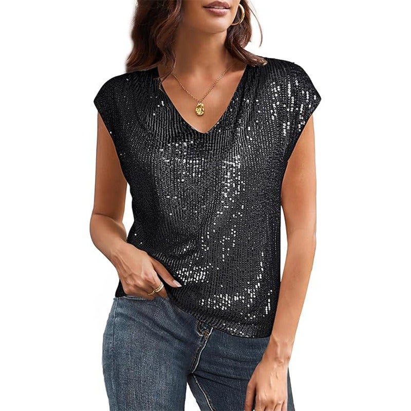 Jin Yun Women's Sequin V-Neck Short Sleeve Shimmer Party Top - Elegant Evening Blouse - Image 1