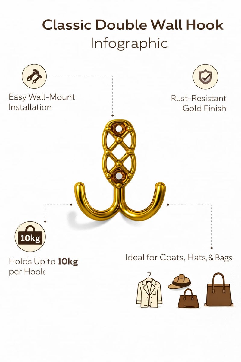 Colornest 2 Pcs Metal Hooks for Wall Heavy Duty Hooks for Hanging, Towel Clothes Hanger for Wall, Bathroom & Kitchen (Gold) - Image 4
