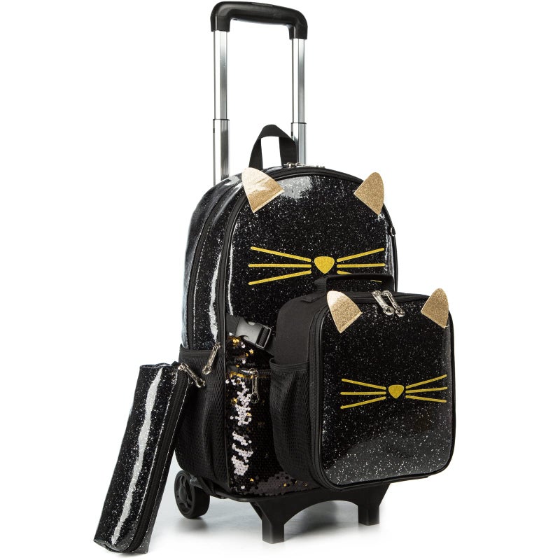 Egchescebo Egchescebo School Bags Kids Rolling Backpack for Girls Kids Luggage Kids Suitcase With Wheels Trolley Wheeled Backpacks for Girls Travel Bags 3PCS Girls Cat Backpack With Lunch for kids Black Bags  - Image 1