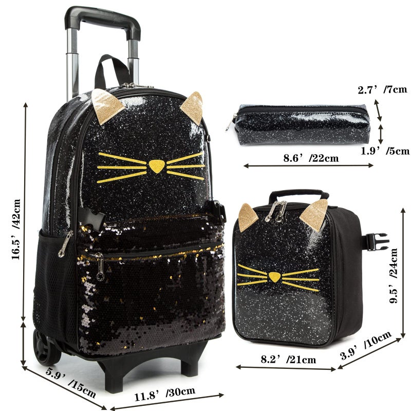Egchescebo Egchescebo School Bags Kids Rolling Backpack for Girls Kids Luggage Kids Suitcase With Wheels Trolley Wheeled Backpacks for Girls Travel Bags 3PCS Girls Cat Backpack With Lunch for kids Black Bags  - Image 2