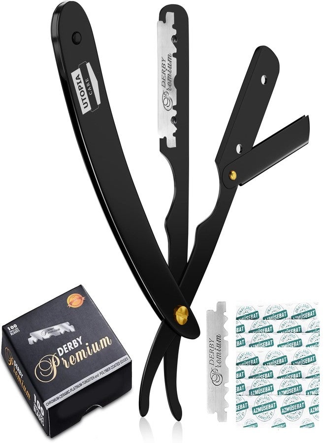 Utopia Care Professional Straight Razor for Men, Barber Straight Edge Razor Safety with 100 Pack Blades, Black - Image 1