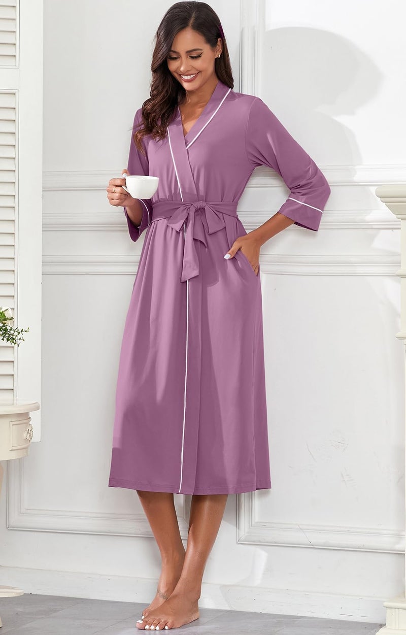 PrinStory Womens Robe Long Kint Bathrobe Lightweight Soft Robes Ladies Bath Robe Purple Red-2XL - Image 3