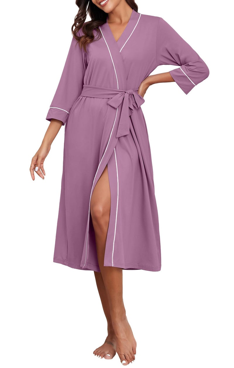 PrinStory Womens Robe Long Kint Bathrobe Lightweight Soft Robes Ladies Bath Robe Purple Red-2XL - Image 2