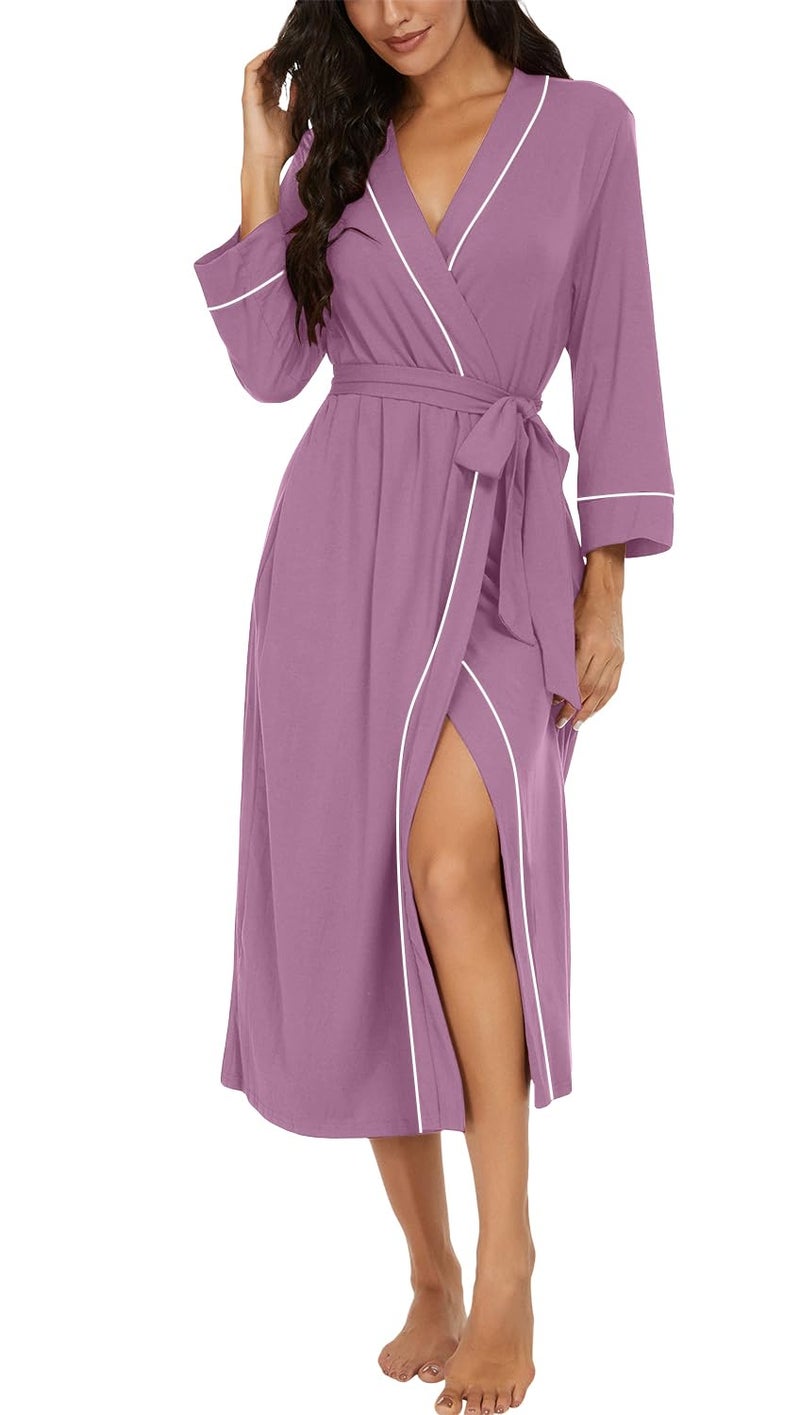 PrinStory Womens Robe Long Kint Bathrobe Lightweight Soft Robes Ladies Bath Robe Purple Red-2XL - Image 1