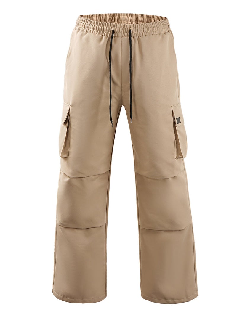 Men's Khaki Cargo Pants Casual Baggy Wide Leg Trousers Elastic Waist Drawstring Streetwear - Image 4