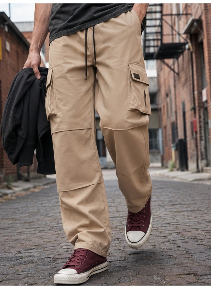 Men's Khaki Cargo Pants Casual Baggy Wide Leg Trousers Elastic Waist Drawstring Streetwear - Image 1