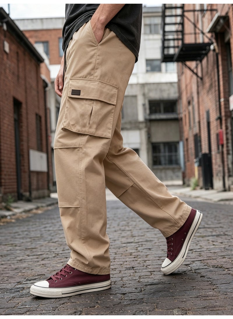 Men's Khaki Cargo Pants Casual Baggy Wide Leg Trousers Elastic Waist Drawstring Streetwear - Image 2