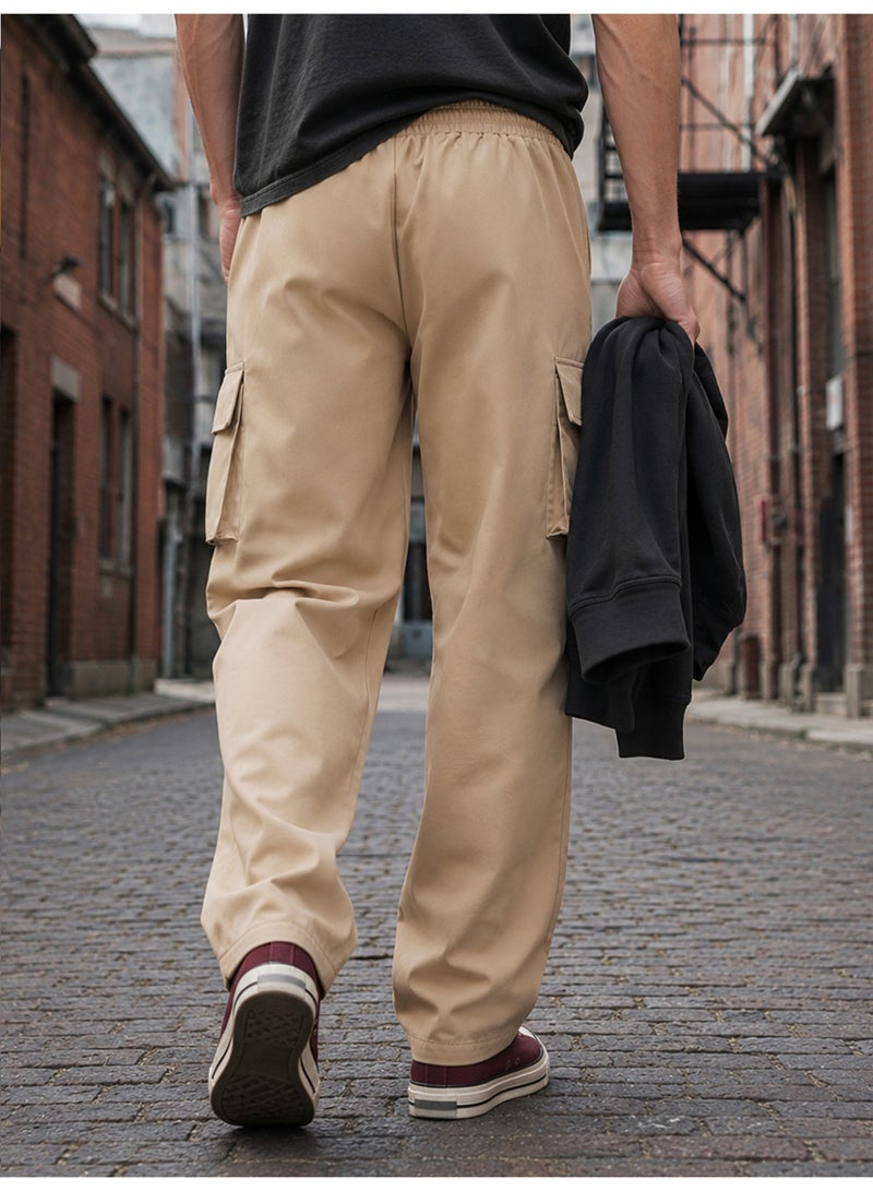 Men's Khaki Cargo Pants Casual Baggy Wide Leg Trousers Elastic Waist Drawstring Streetwear - Image 3