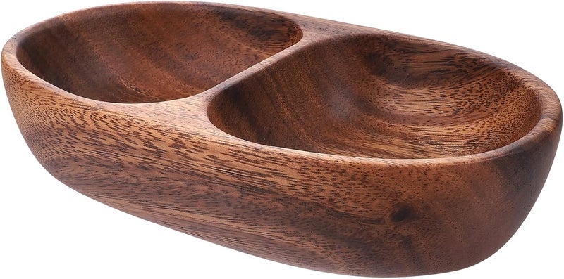 وعاء فواكه مقسم بالأخشاب، أبعاده 21×12×4.5 سم، طبق وجبات خفيفة مقسم إلى قسمين، مناسب لتقديم السلطات والمكسرات في المطبخ المنزلي. - Image 1