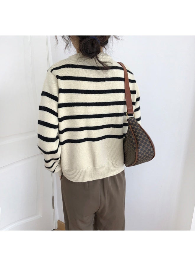 NIBEMINENT Striped Korean Knitted Cardigan Autumn Winter Contrasting Colors Loose Women's Clothing Basic Casual Round Neck Pockets Sweaters - Image 2