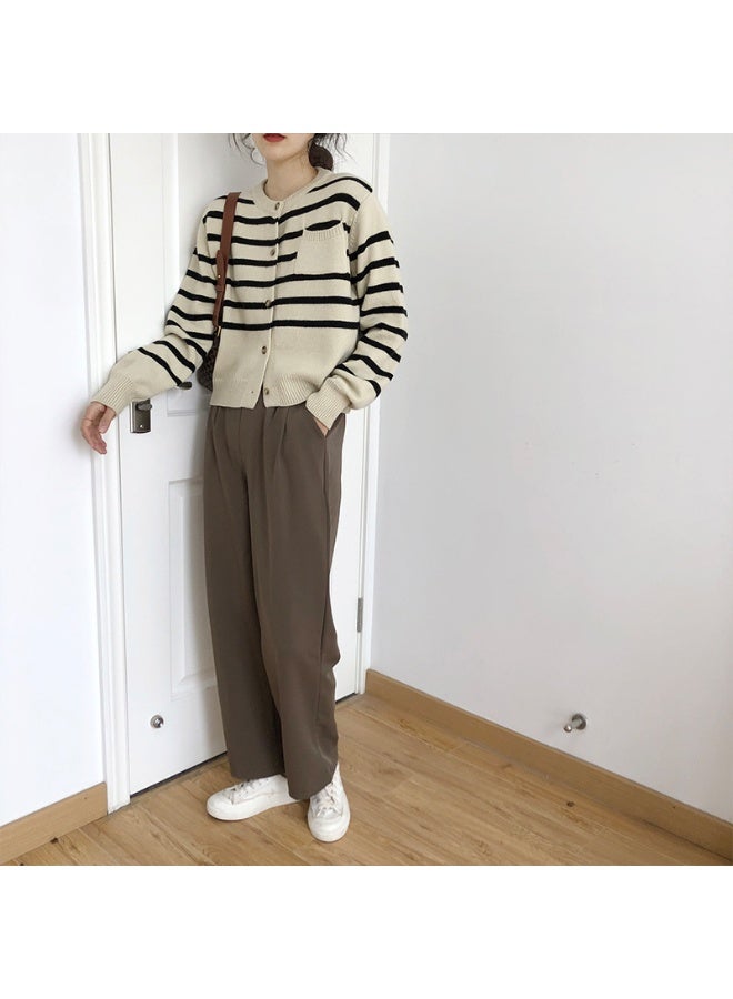 NIBEMINENT Striped Korean Knitted Cardigan Autumn Winter Contrasting Colors Loose Women's Clothing Basic Casual Round Neck Pockets Sweaters - Image 3