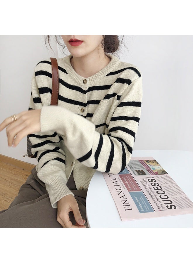 NIBEMINENT Striped Korean Knitted Cardigan Autumn Winter Contrasting Colors Loose Women's Clothing Basic Casual Round Neck Pockets Sweaters - Image 1