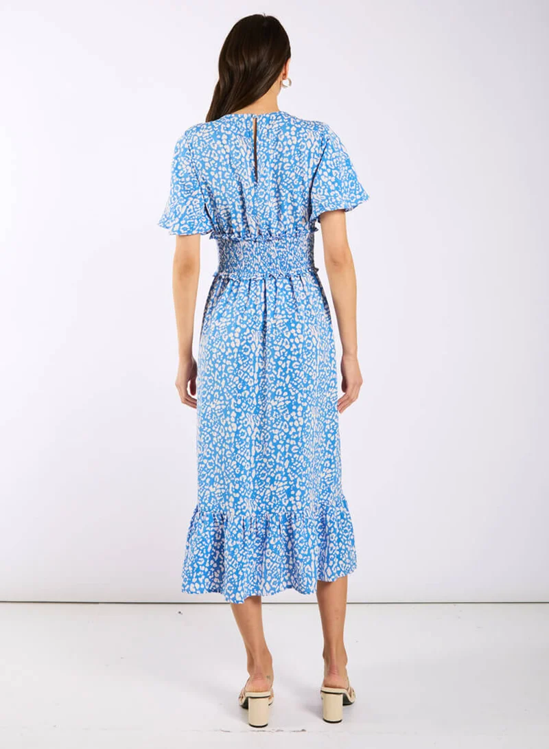 Needs No Label Blue Animal Smock Waisted Midi Dress