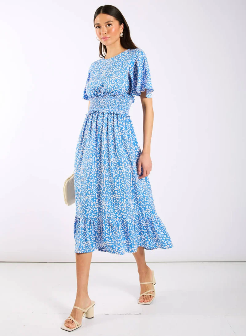 Blue Animal Smock Waisted Midi Dress