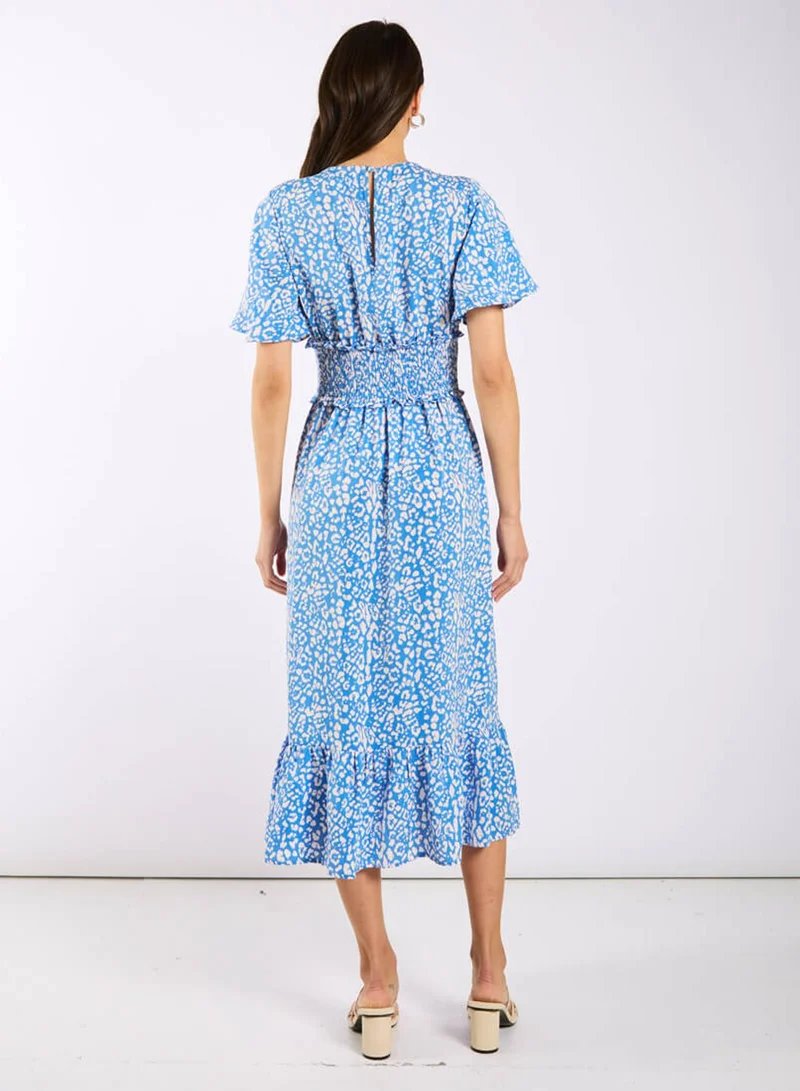 Needs No Label Blue Animal Smock Waisted Midi Dress