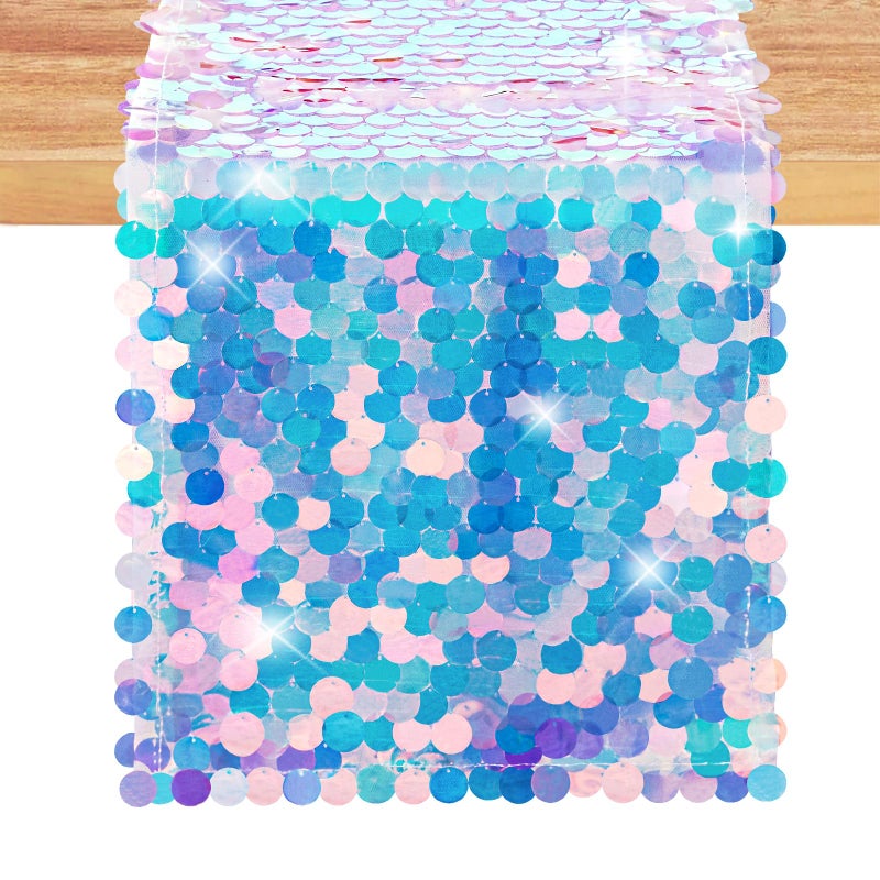 OQSC Mermaid Party Table Runners 1 Piece 12 x 84 Inches Mermaid Tail Colorful Sequin Table Runner Mermaid Ocean Theme Series Party Decoration Glitter Table Runners - Image 1