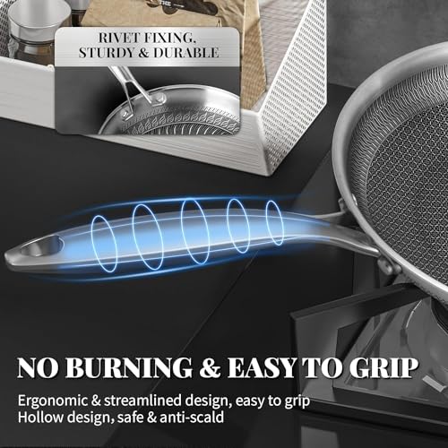 JUGTE Stainless Steel Honeycomb Frying Pan Non-Stick Pan with Stainless Steel Handle Stay Cool Non Toxic Dishwasher and Oven Safe Suitable for All Hob Types (Steel Frying Pan 24 Cm) - Image 2