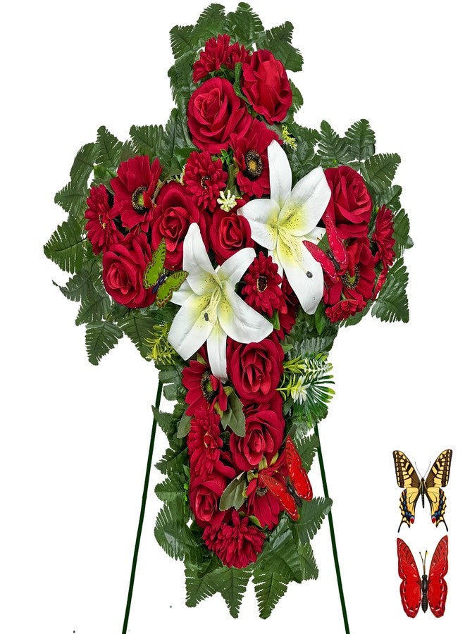 HENOMO Cemetery Flower for Grave Decorations, Memorial Floral Cross with Easel Stand,Headstone Wreath-Red Rose Hibiscus/White Lily-28 Inch - Image 1