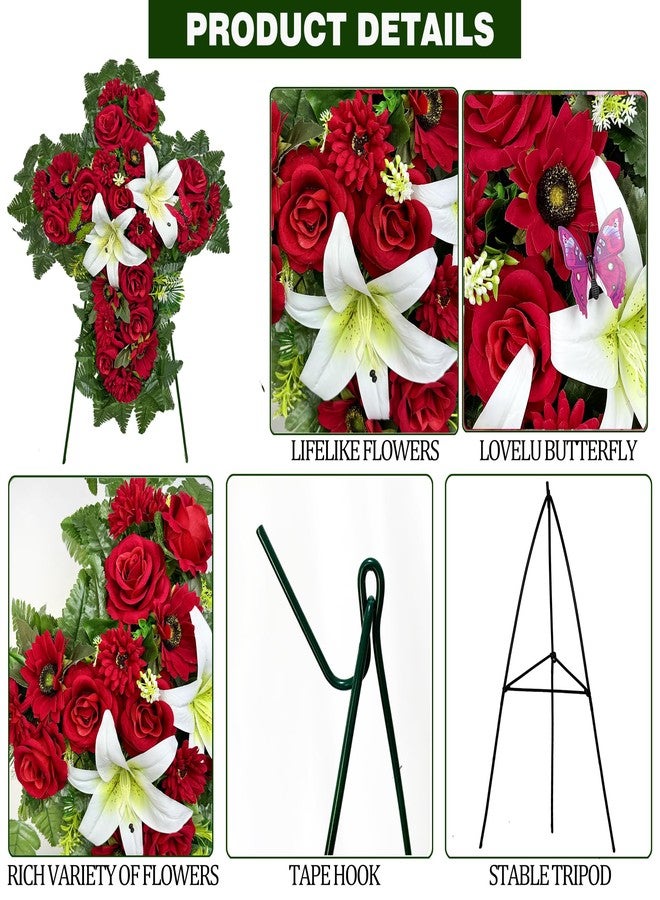 HENOMO Cemetery Flower for Grave Decorations, Memorial Floral Cross with Easel Stand,Headstone Wreath-Red Rose Hibiscus/White Lily-28 Inch - Image 3