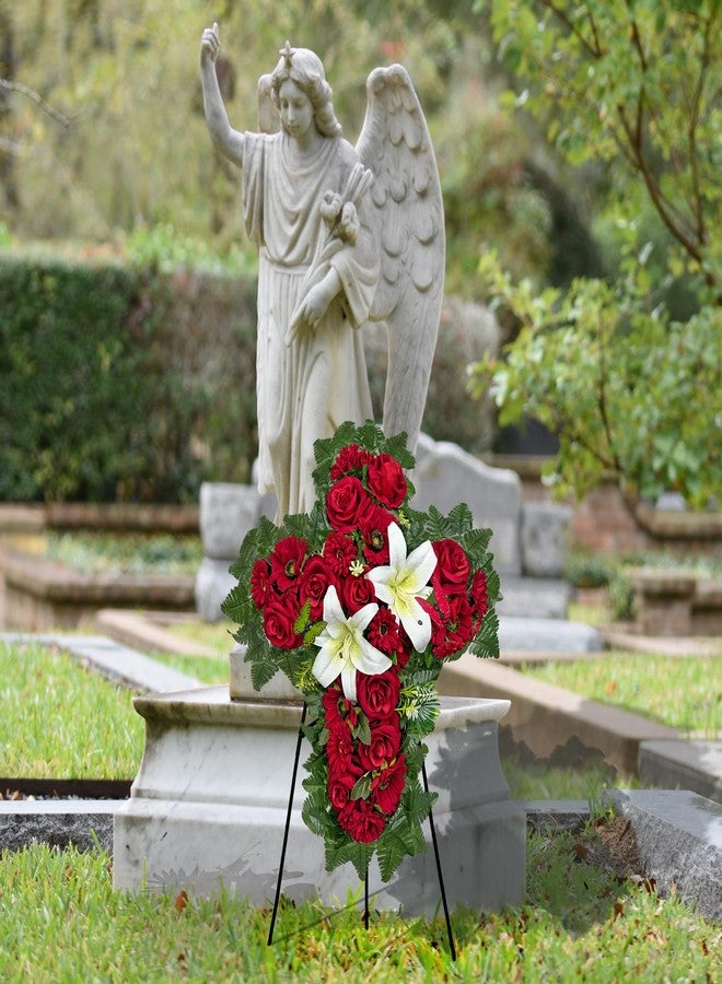 HENOMO Cemetery Flower for Grave Decorations, Memorial Floral Cross with Easel Stand,Headstone Wreath-Red Rose Hibiscus/White Lily-28 Inch - Image 5