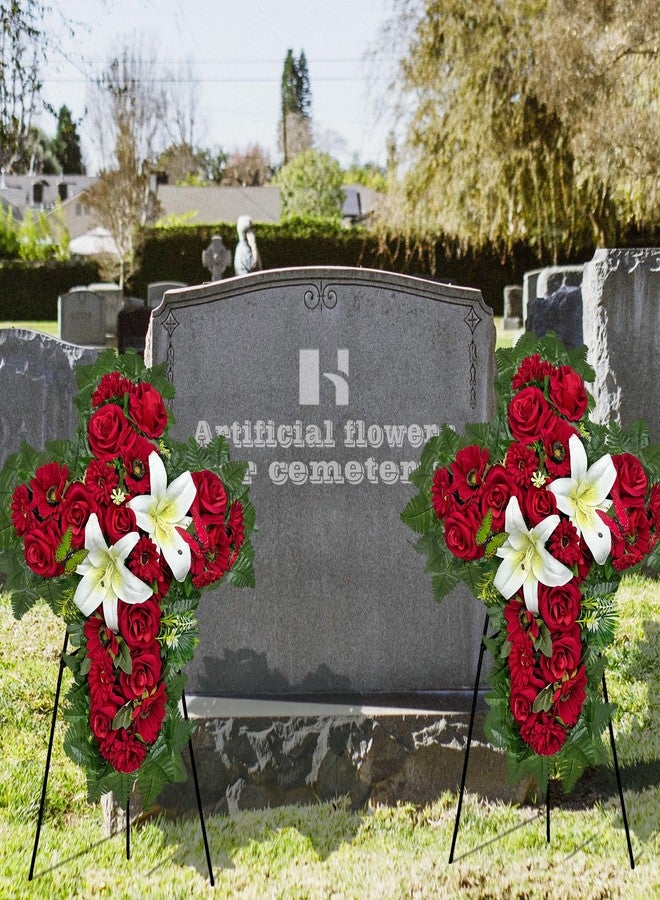 HENOMO Cemetery Flower for Grave Decorations, Memorial Floral Cross with Easel Stand,Headstone Wreath-Red Rose Hibiscus/White Lily-28 Inch - Image 2
