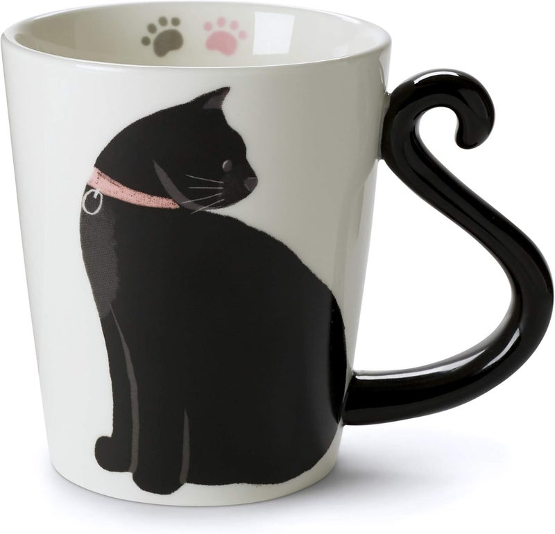 VOTUM Black Cat Coffee Mug, 12 oz Ceramic Tea Cup with Tail Handle and Paw Prints Inside â€” Cute Handmade Gift for Feline Lovers, Women, Men â€” Unique Birthday or Holiday Present - Image 1