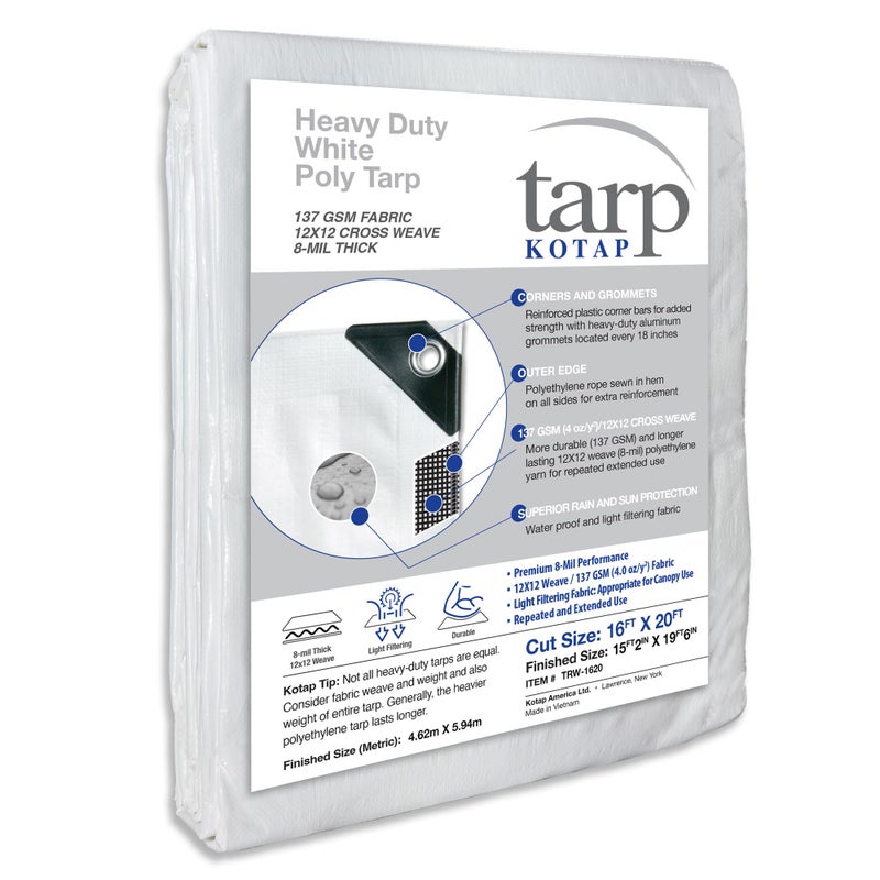 Kotap 16 x 20 Ft HeavyDuty ProtectionCoverage Tarp Superior Weave for Greater Longevity 8mil MultiUse Waterproof White 1Pack TRW1620