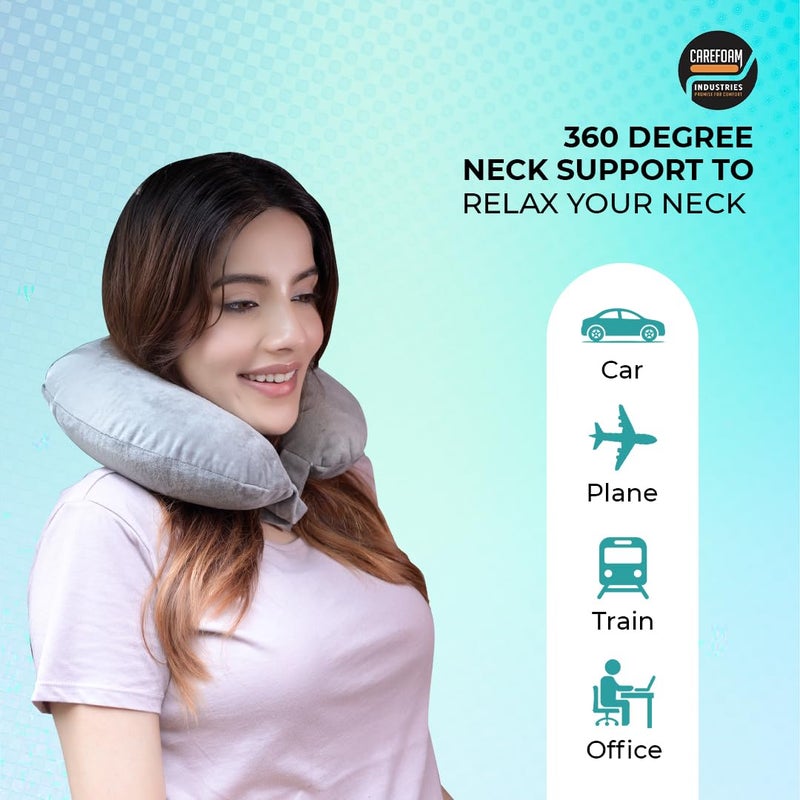 CareFoam CareFoam Neck Pillow for Travel in FlightCarTrain for Sleeping Neck Support Lightweight Travel Pillow for Men and Women Premium Velvet Outer Cover Grey - Image 3