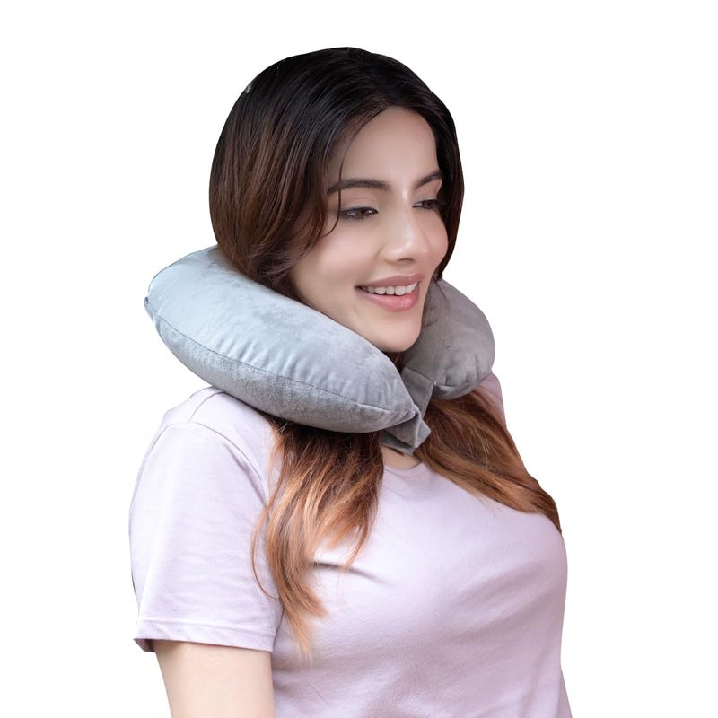 CareFoam CareFoam Neck Pillow for Travel in FlightCarTrain for Sleeping Neck Support Lightweight Travel Pillow for Men and Women Premium Velvet Outer Cover Grey - Image 1