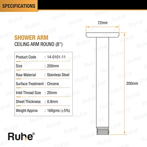 Ruhe® Premium Grade Stainless Steel 8 Inches Ceiling Round Shower Arm (Chrome Finish) - Image 2
