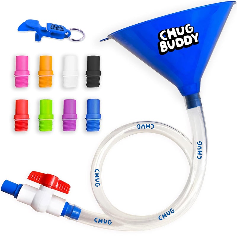 Chug Buddy Beer Bong Tube and Funnel with Valve, 8 Interchangeable Mouthpieces, Shotgun Keychain Tool - Kink-Free 3ft Hose for Beerbong, College Party, Drinking Games - Image 1