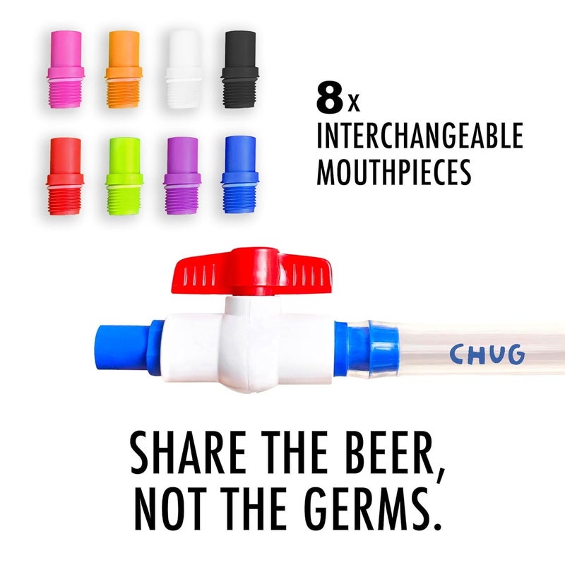 Chug Buddy Beer Bong Tube and Funnel with Valve, 8 Interchangeable Mouthpieces, Shotgun Keychain Tool - Kink-Free 3ft Hose for Beerbong, College Party, Drinking Games - Image 2