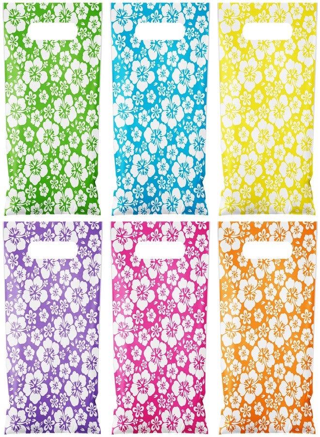 Kolldenn 48 Pcs Pieces Plastic Hibicus Gift Bags Bulk Hawaiian Candy Goodie Treat Bags with Handle for Summer Party Favor Supplies Decoration - Image 1